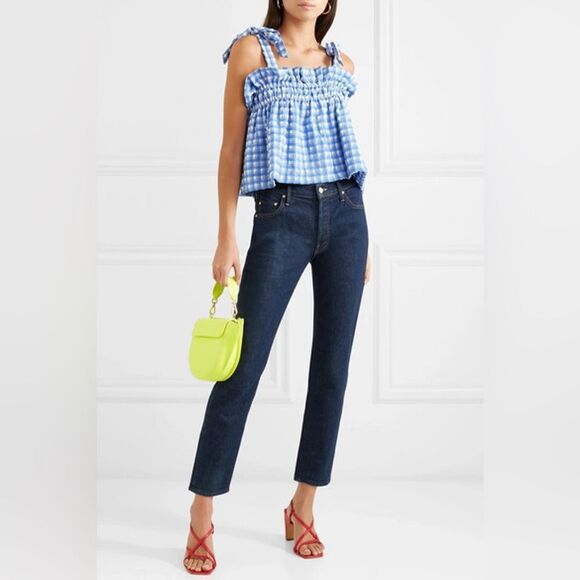 Ganni Murillo Seersucker Crop Top – Blue Plaid Gingham Swimwear, Size M - Picture 2 of 9